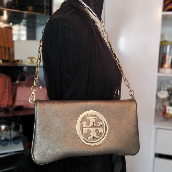Tory Burch Reva Clutch Metallic Gold Purse ONLY - Picture 2 of 2